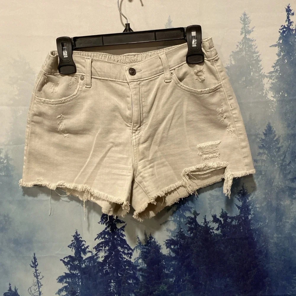 Aerie Khaki Distressed Shorts S Elastic Waist Boho Shorts